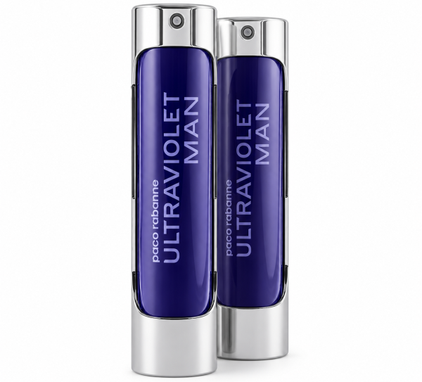 Two bottles of Paco Rabanne Ultraviolet Man EDT 100ml Spray, with blue glass and silver metallic caps, are standing upright on a white background.