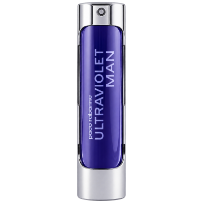 Two blue and silver bottles of Paco Rabanne Ultraviolet Man EDT 100ml Spray stand upright against a white background, with the name printed vertically on the front.