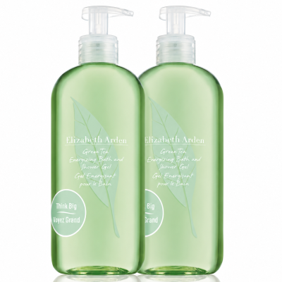 Three green bottles of Elizabeth Arden Green Tea Bath & Shower Gel for Her, 500ml each, stand side by side on a white background.
