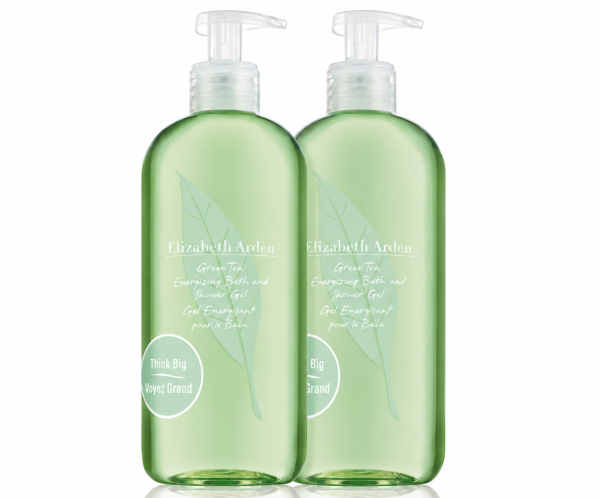 Three green bottles of Elizabeth Arden Green Tea Bath & Shower Gel for Her, 500ml each, stand side by side on a white background.