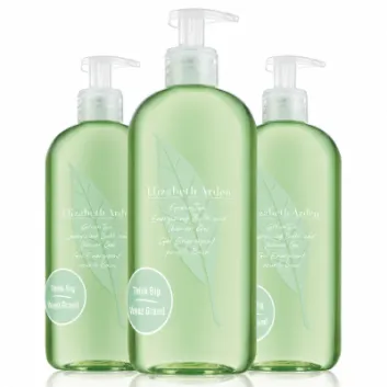 Three bottles of 3x Elizabeth Arden Green Tea Bath & Shower Gel for Her, 500ml each, with pump dispensers and a green design, arranged side by side on a white background.