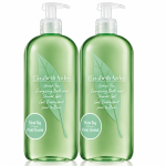 Three clear green pump bottles of Elizabeth Arden Green Tea Bath & Shower Gel for Her, 500ml each, featuring a leaf design and round stickers that read “Think Big Voyez Grand.”.