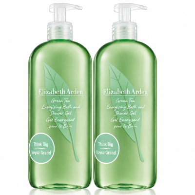 Three clear green pump bottles of Elizabeth Arden Green Tea Bath & Shower Gel for Her, 500ml each, featuring a leaf design and round stickers that read “Think Big Voyez Grand.”.
