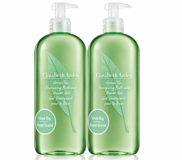 Three clear green pump bottles of Elizabeth Arden Green Tea Bath & Shower Gel for Her, 500ml each, featuring a leaf design and round stickers that read “Think Big Voyez Grand.”.