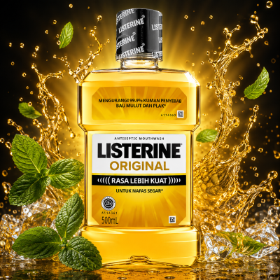 A 500ml bottle of Listerine Original Antiseptic Mouthwash with Indonesian labeling is displayed on a black background, accompanied by mint leaves, ice cubes, and water splashes.