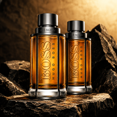 Two bottles of 2x Hugo Boss The Scent EDT for Men, 50ml, stand on dark rocky surfaces, with warm, golden lighting highlighting the amber liquid inside.
