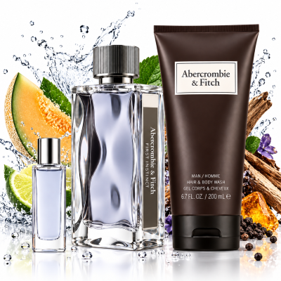 Abercrombie & Fitch First Instinct Gift Set for Men, featuring EDTs and shower gel, displayed against a backdrop of melon, spices, and water splashes; includes a perfume bottle, small spray, and body wash tube.