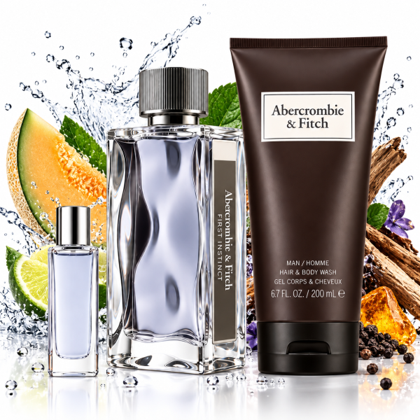 Abercrombie & Fitch First Instinct Gift Set for Men, featuring EDTs and shower gel, displayed against a backdrop of melon, spices, and water splashes; includes a perfume bottle, small spray, and body wash tube.