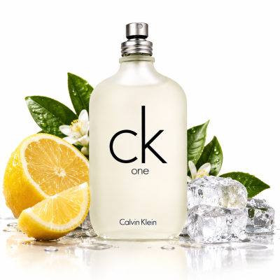 2x CK One Eau De Toilette EDT, Unisex, 100ml bottles with ice cubes, lemon halves, and white flowers on a white background.