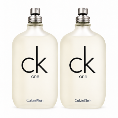 Two clear bottles of 2x CK One Eau De Toilette EDT, Unisex, 100ml are placed side by side against a white background.