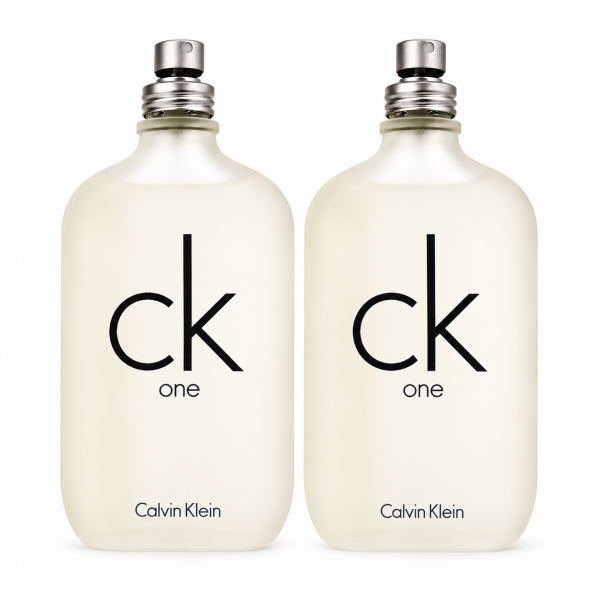 Two clear bottles of 2x CK One Eau De Toilette EDT, Unisex, 100ml are placed side by side against a white background.