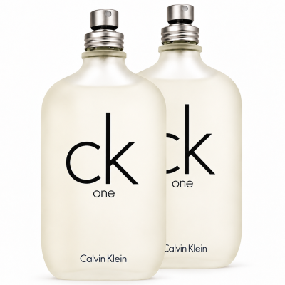Two bottles of 2x CK One Eau De Toilette EDT, Unisex, 100ml with black text and silver caps are shown on a white background.