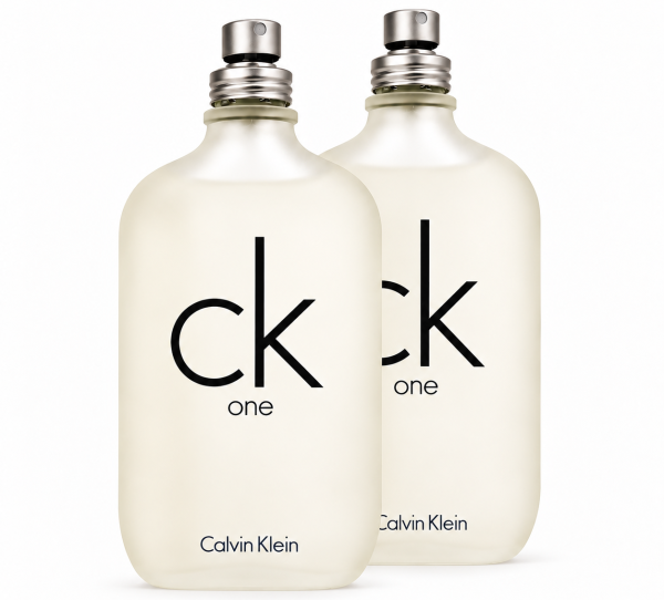 Two bottles of 2x CK One Eau De Toilette EDT, Unisex, 100ml with black text and silver caps are shown on a white background.