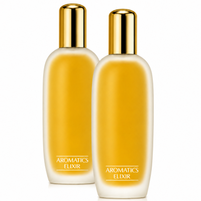 Two frosted glass bottles, each with a gold cap and labeled “Clinique Aromatics Elixir Eau de Parfum Spray, 100ml,” stand side by side against a white background.