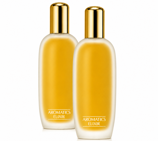 Two frosted glass bottles, each with a gold cap and labeled “Clinique Aromatics Elixir Eau de Parfum Spray, 100ml,” stand side by side against a white background. Two frosted glass bottles, each with a gold cap and labeled “Clinique Aromatics Elixir Eau de Parfum Spray, 100ml,” stand side by side against a white background.