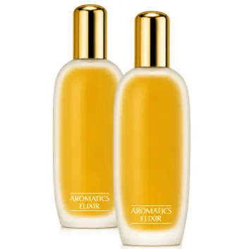 Two frosted glass bottles, each with a gold cap and labeled “Clinique Aromatics Elixir Eau de Parfum Spray, 100ml,” stand side by side against a white background.