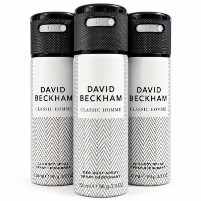 Three cans of David Beckham Classic Homme deodorant body spray, each 150ml, are arranged side by side. The cans feature a black cap and a white herringbone pattern on the body.