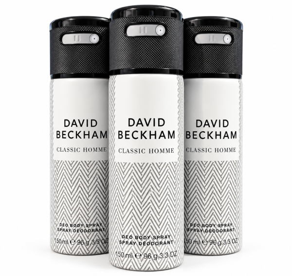 Three cans of David Beckham Classic Homme deodorant body spray, each 150ml, are arranged side by side. The cans feature a black cap and a white herringbone pattern on the body.