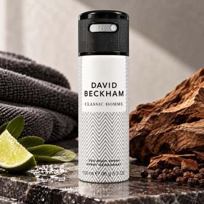 A can of David Beckham Classic Homme deodorant spray stands on a dark surface beside a lime wedge, green leaves, a brown textured object, and folded gray towels.