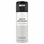 A can of David Beckham Classic Homme body spray deodorant, 150 ml, with a black cap and a white patterned body.
