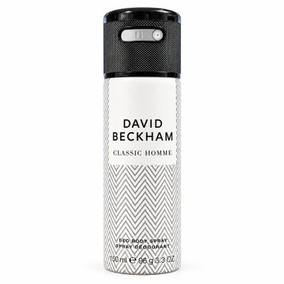 A can of David Beckham Classic Homme body spray deodorant, 150 ml, with a black cap and a white patterned body.