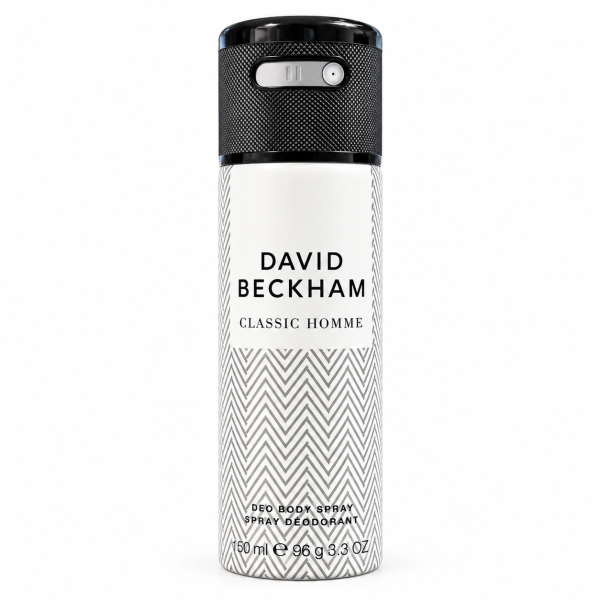 A can of David Beckham Classic Homme body spray deodorant, 150 ml, with a black cap and a white patterned body.