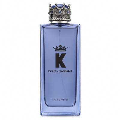 A rectangular blue glass bottle of Dolce & Gabbana K Eau de Parfum 150ml Spray featuring a silver crown-shaped cap and a black logo on the front.