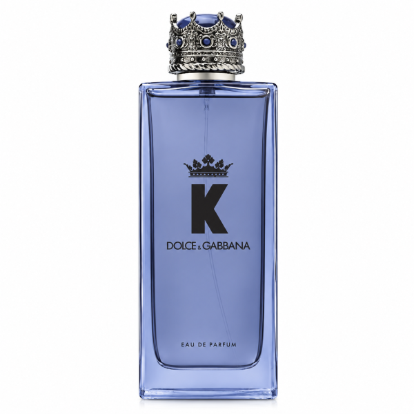 A rectangular blue glass bottle of Dolce & Gabbana K Eau de Parfum 150ml Spray featuring a silver crown-shaped cap and a black logo on the front.