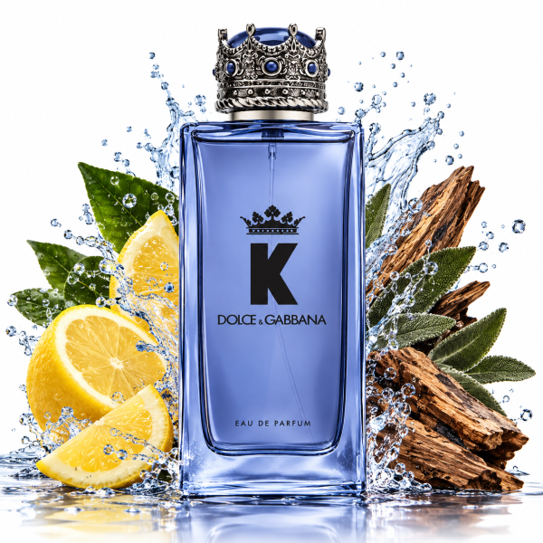 A 150ml spray bottle of Dolce & Gabbana K Eau de Parfum, featuring a crown-shaped cap, is surrounded by splashing water, lemon slices, green leaves, and pieces of wood on a white background.