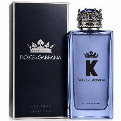 A bottle of Dolce & Gabbana K Eau de Parfum 150ml Spray, featuring a crown-shaped cap, is displayed alongside its black box packaging.