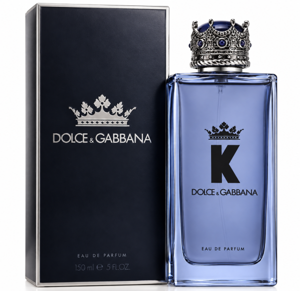 A bottle of Dolce & Gabbana K Eau de Parfum 150ml Spray, featuring a crown-shaped cap, is displayed alongside its black box packaging.