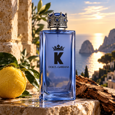 A bottle of Dolce & Gabbana K Eau de Parfum 150ml Spray, featuring a crown-shaped cap and blue glass, is displayed outdoors next to a lemon with a coastal sunset in the background.