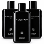 Three bottles of Givenchy Gentleman Society Shower Gel for Men, 200ml each, are displayed upright against a white background, with the product branding clearly visible on each bottle.