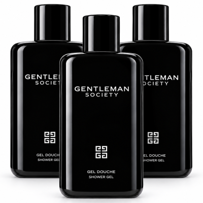 Three bottles of Givenchy Gentleman Society Shower Gel for Men, 200ml each, are displayed upright against a white background, with the product branding clearly visible on each bottle.