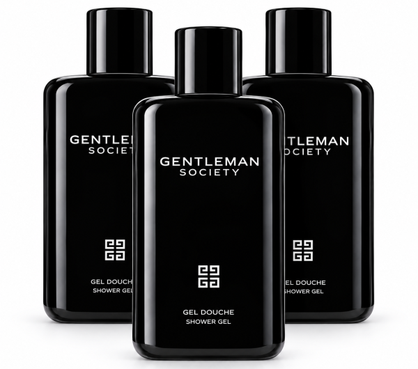 Three bottles of Givenchy Gentleman Society Shower Gel for Men, 200ml each, are displayed upright against a white background, with the product branding clearly visible on each bottle.