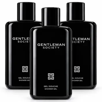 Three bottles of Givenchy Gentleman Society Shower Gel for Men, 200ml each, are displayed upright against a white background, with the product branding clearly visible on each bottle.
