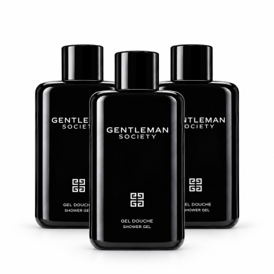 Three bottles of 3x Givenchy Gentleman Society Shower Gel for Men, 200ml, are arranged in a slight arc against a white background.