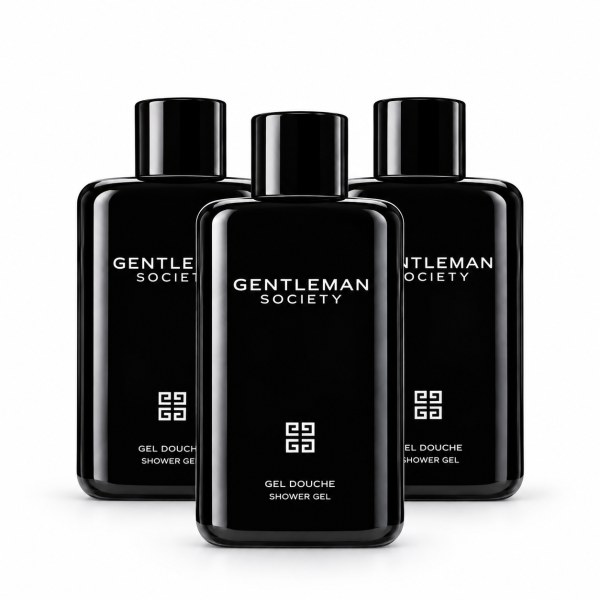Three bottles of 3x Givenchy Gentleman Society Shower Gel for Men, 200ml, are arranged in a slight arc against a white background.