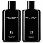 Three black bottles of “Givenchy Gentleman Society” Shower Gel for Men (200ml each) are displayed side by side against a white background, featuring minimalistic white text and a geometric logo on each bottle.