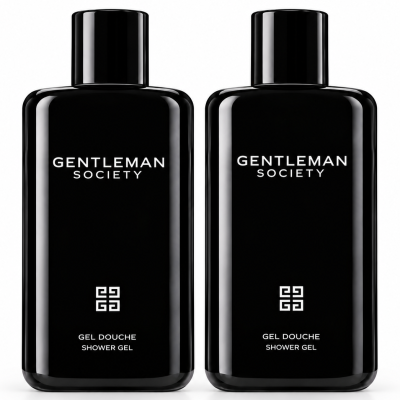 Three black bottles of “Givenchy Gentleman Society” Shower Gel for Men (200ml each) are displayed side by side against a white background, featuring minimalistic white text and a geometric logo on each bottle.