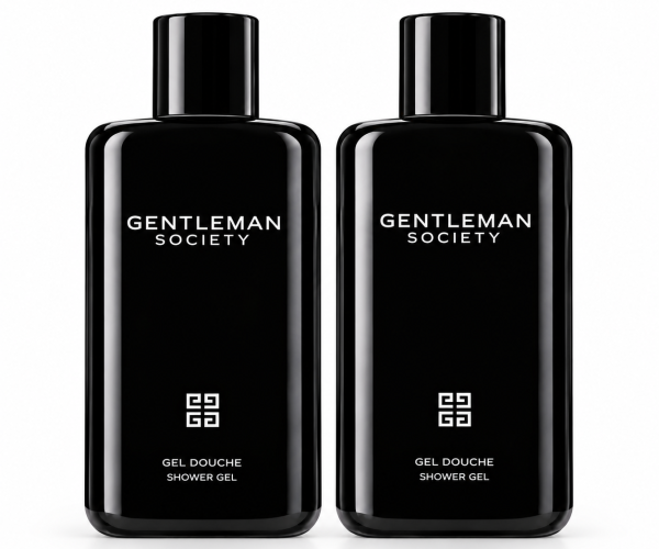 Three black bottles of “Givenchy Gentleman Society” Shower Gel for Men (200ml each) are displayed side by side against a white background, featuring minimalistic white text and a geometric logo on each bottle.