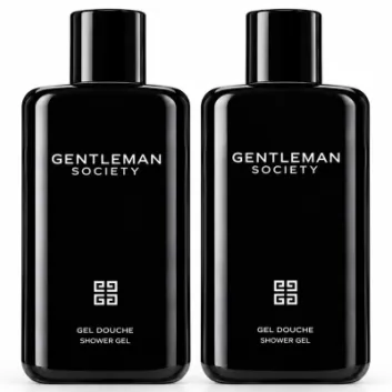 Three black bottles of “Givenchy Gentleman Society” Shower Gel for Men (200ml each) are displayed side by side against a white background, featuring minimalistic white text and a geometric logo on each bottle.