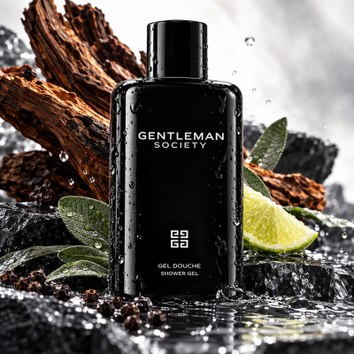 Three bottles of Givenchy Gentleman Society Shower Gel for Men, 200ml each, rest among wet wood, black stones, lime, peppercorns, and green leaves, with water droplets glistening on the bottles.