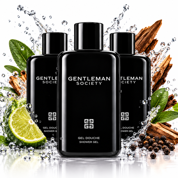Three bottles of 3x Givenchy Gentleman Society Shower Gel for Men, 200ml, are displayed with splashes of water, lime, green leaves, peppercorns, and wood pieces surrounding them.