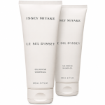 Three white tubes of Issey Miyake Le Sel d’Issey shower gel, 200 ml each, are standing upright against a white background.