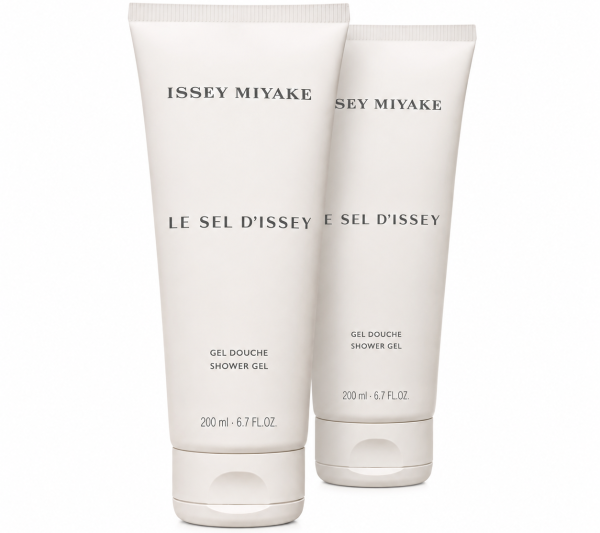Three white tubes of Issey Miyake Le Sel d’Issey shower gel, 200 ml each, are standing upright against a white background.