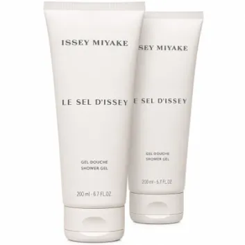 Three white tubes of Issey Miyake Le Sel d’Issey shower gel, 200 ml each, are standing upright against a white background.