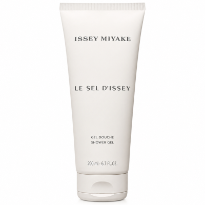 Three white tubes of Issey Miyake Le Sel D’Issey Shower Gel, each labeled in black text and containing 200 ml (6.7 fl. oz) per tube.