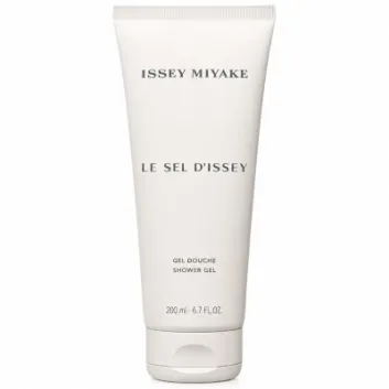 Three white tubes of Issey Miyake Le Sel D’Issey Shower Gel, each labeled in black text and containing 200 ml (6.7 fl. oz) per tube.