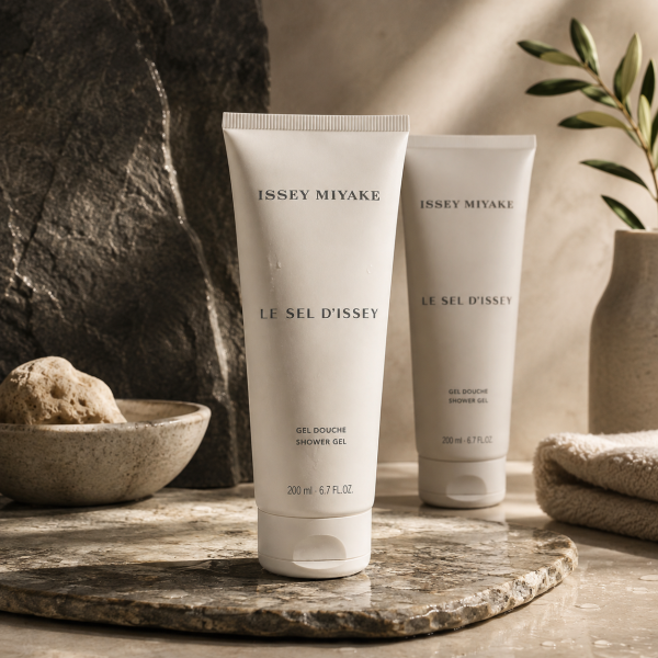 Three tubes of Issey Miyake Le Sel D’Issey Shower Gel, 200ml, are displayed on a stone surface with a rock and a plant in the background.